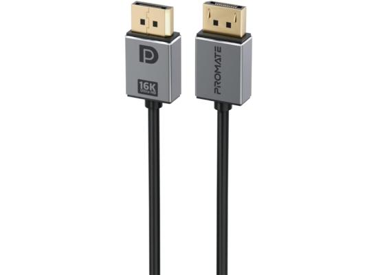 Promate DisplayPort 2.0 Cable, Premium Ultra HD 16K@60Hz Video Display Cord with 80Gbps Bandwidth Transmission, Gold Plated Connectors, 2m Super Slim Cable - Black